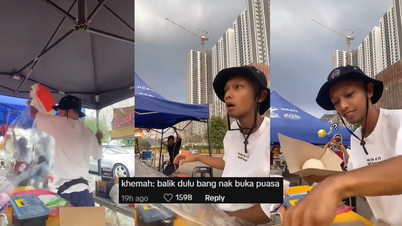Netizens Left In Tears After Seeing Vendor Continuing To Serve His Customers Despite His Canopy Flying Away 